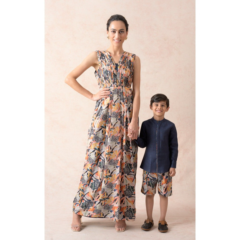THETAA Multi-Colour Jungle Print Pleated Gown