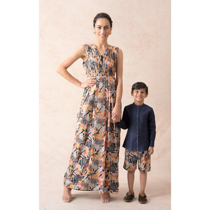 THETAA Multi-Colour Jungle Print Pleated Gown