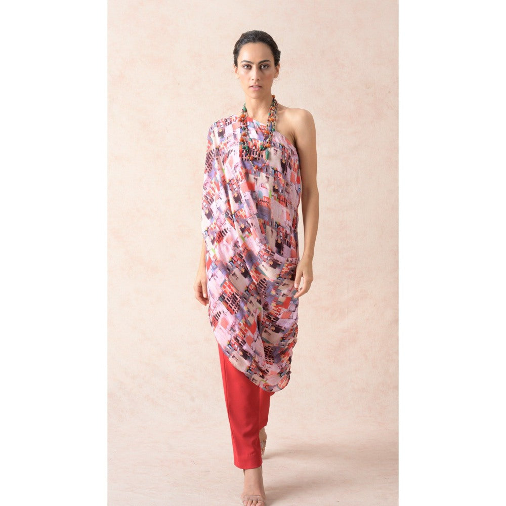 THETAA Multi-Colour Multi-Coloured Abstract Print One Shoulder Kurta with Pant (Set of 2)