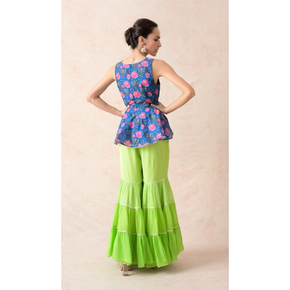 THETAA Green Elephant Motifs with Floral Print Peplum Top with Sharara and Dupatta (Set of 3)