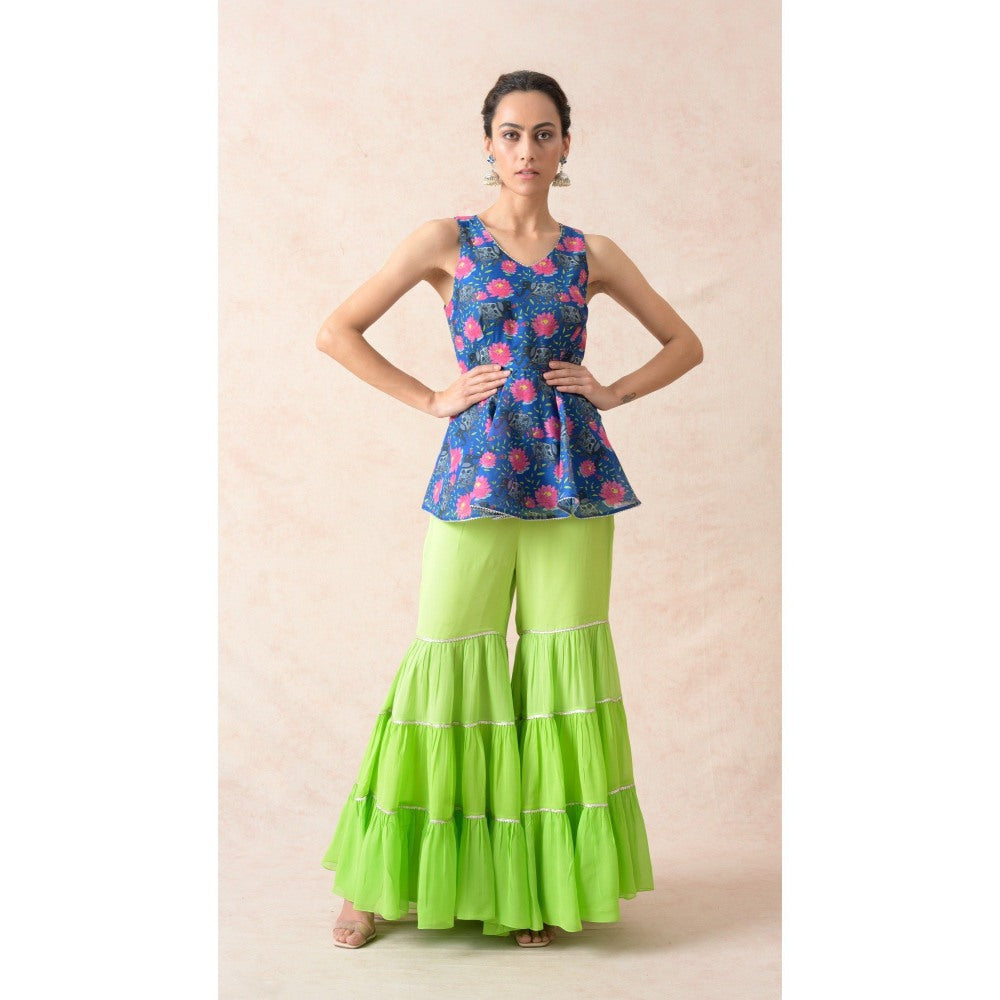 THETAA Green Elephant Motifs with Floral Print Peplum Top with Sharara and Dupatta (Set of 3)