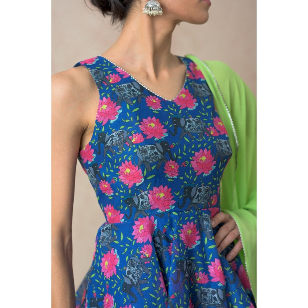 THETAA Green Elephant Motifs with Floral Print Peplum Top with Sharara and Dupatta (Set of 3)