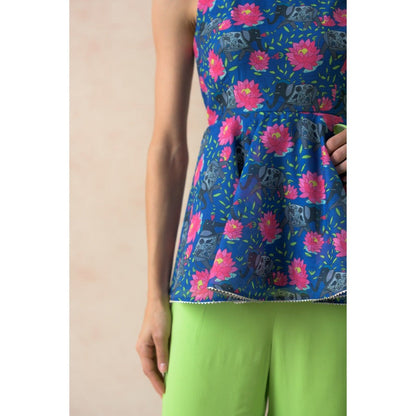 THETAA Green Elephant Motifs with Floral Print Peplum Top with Sharara and Dupatta (Set of 3)