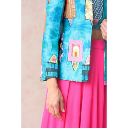 THETAA Blue Hand Embroidered Silk Jacket with Blouse and Lehenga (Set of 3)
