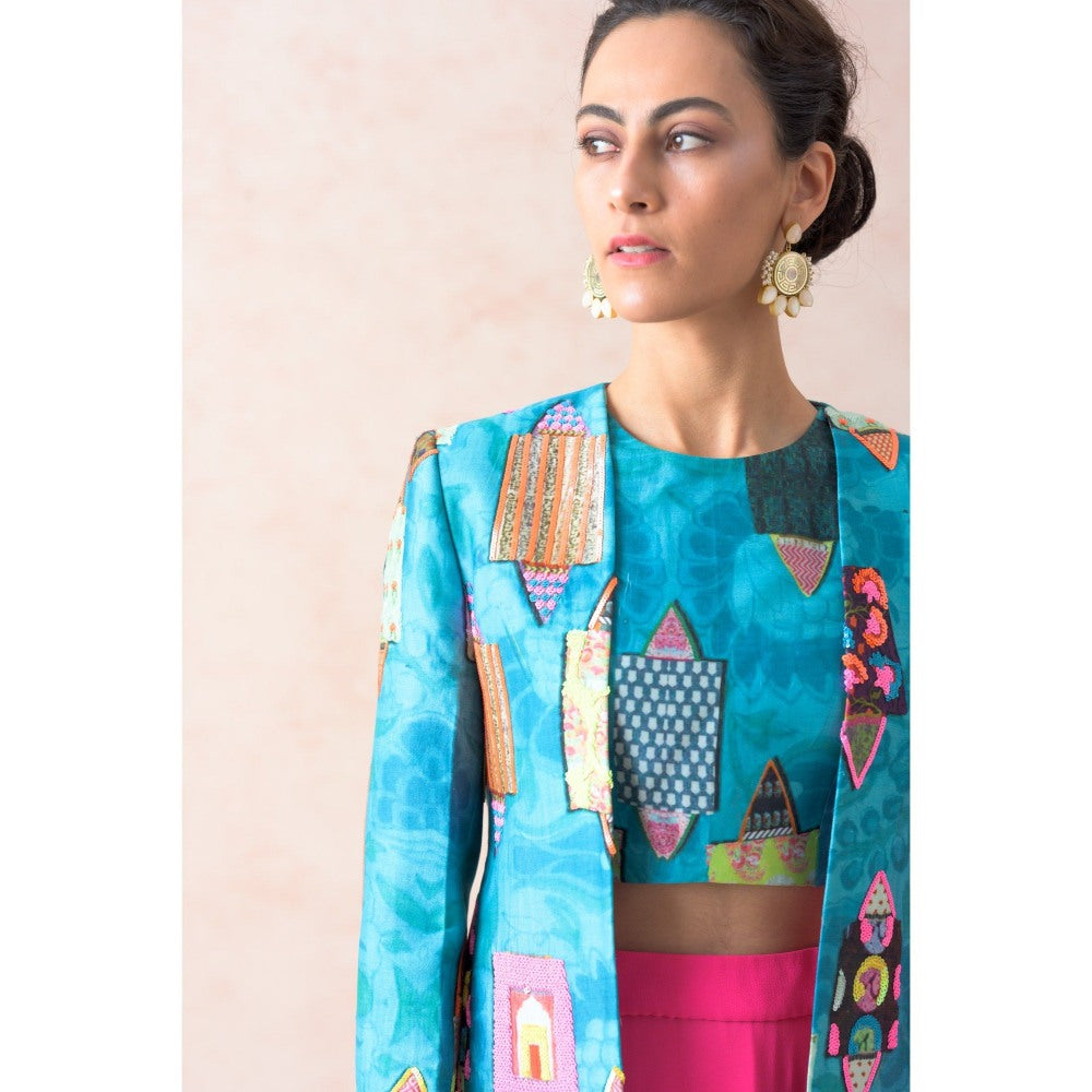THETAA Blue Hand Embroidered Silk Jacket with Blouse and Lehenga (Set of 3)