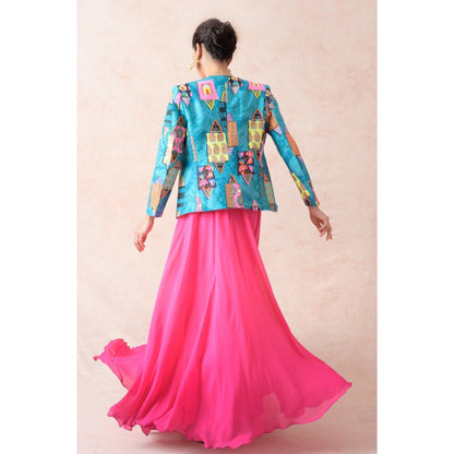THETAA Blue Hand Embroidered Silk Jacket with Blouse and Lehenga (Set of 3)