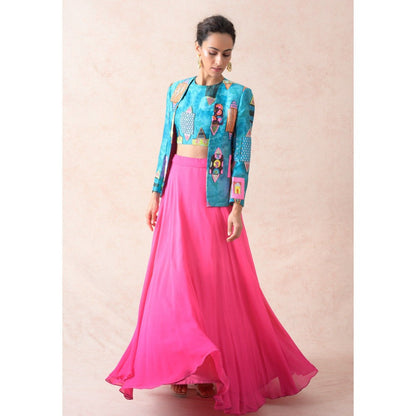 THETAA Blue Hand Embroidered Silk Jacket with Blouse and Lehenga (Set of 3)