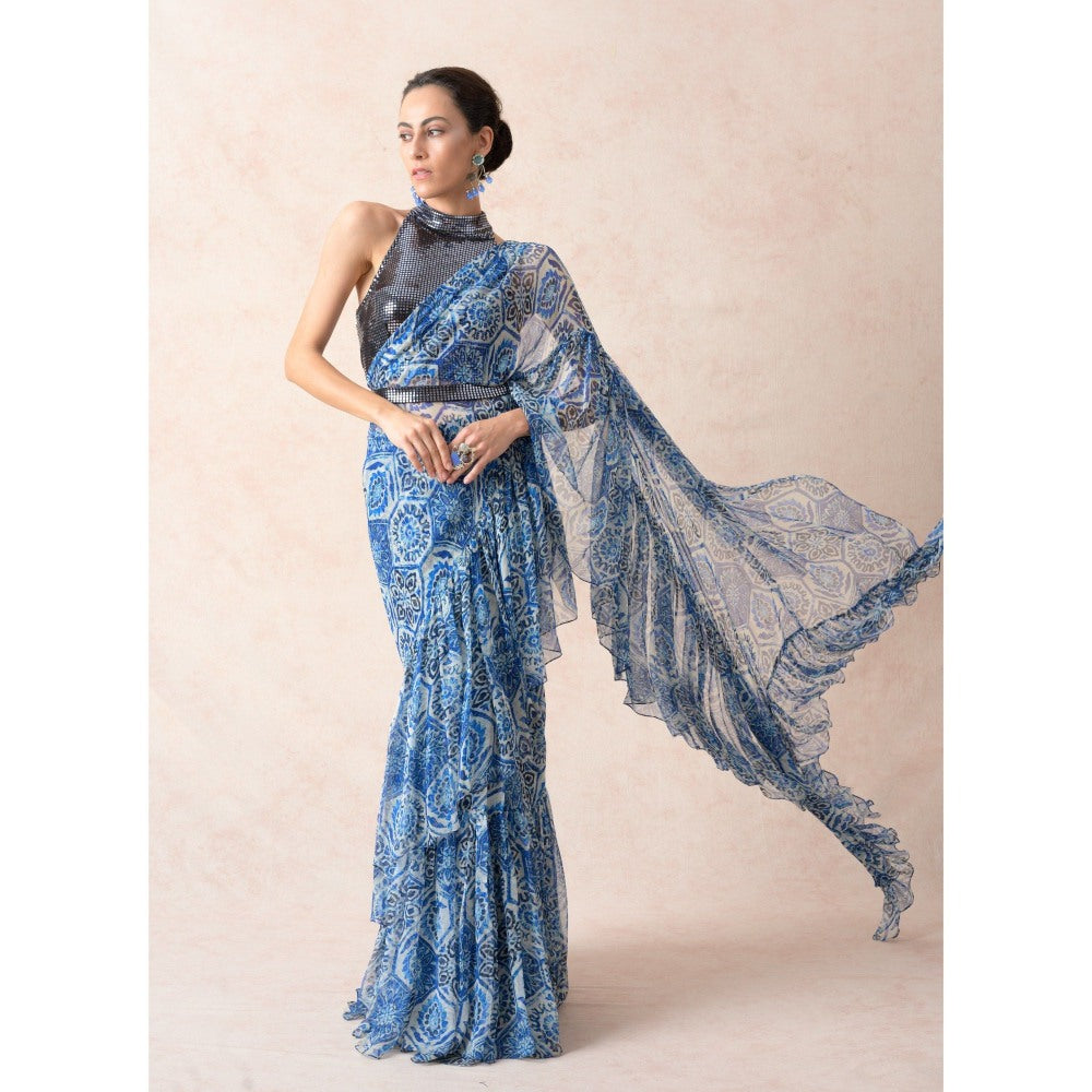 THETAA Blue Pre-Draped Print Ruffle Saree with Stitched Blouse and Belt