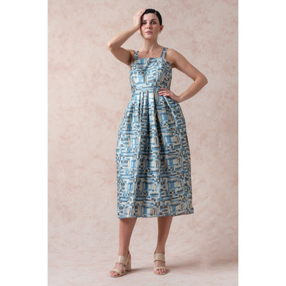 THETAA Casal Blue Print Pure Silk Dress with Shrug (Set of 2)