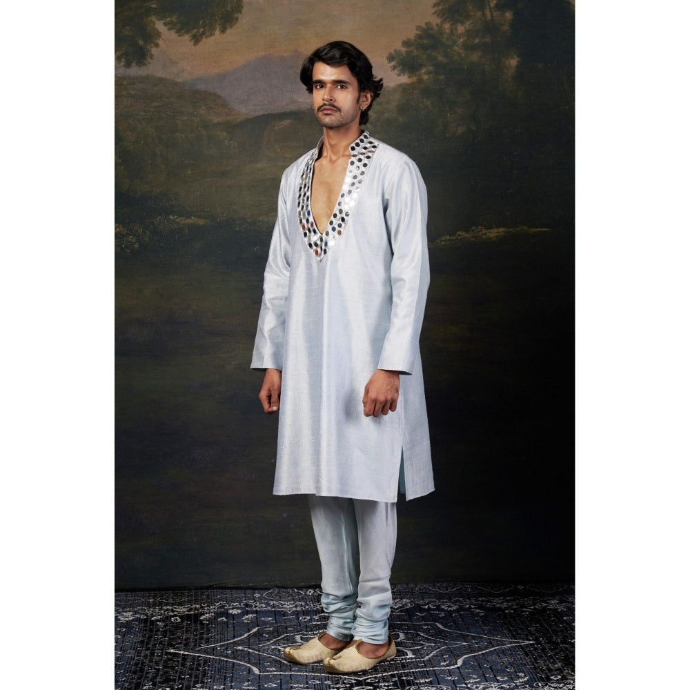 THETAA Men Light Blue Mirror Work Kurta with Churidar