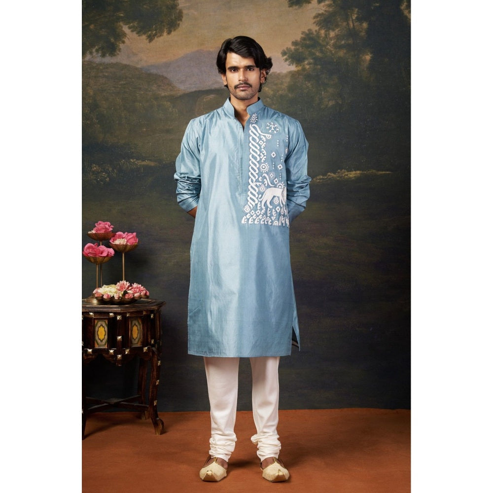THETAA Men Blue Hand-Embroidered Kurta with Churidar