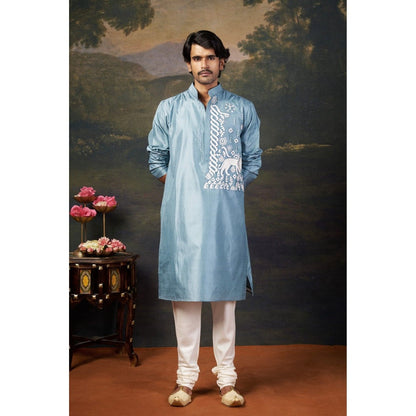 THETAA Men Blue Hand-Embroidered Kurta with Churidar