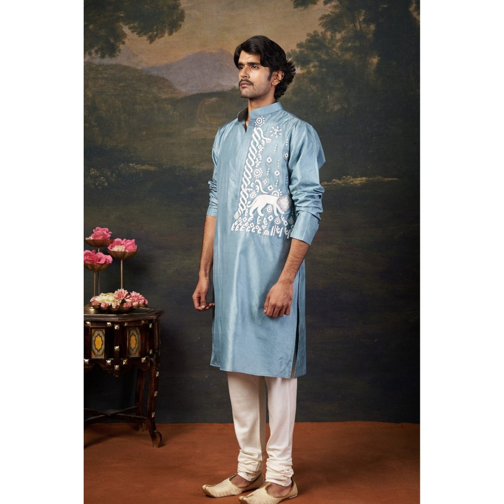 THETAA Men Blue Hand-Embroidered Kurta with Churidar