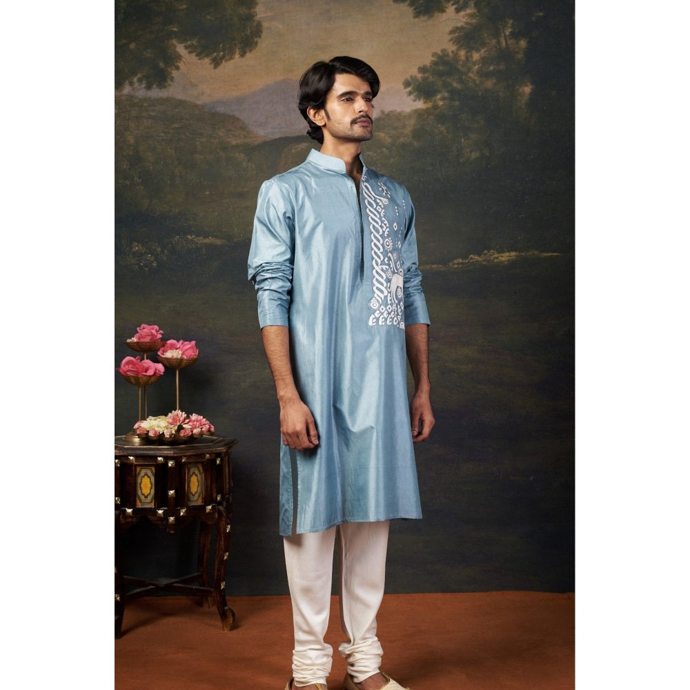 THETAA Men Blue Hand-Embroidered Kurta with Churidar