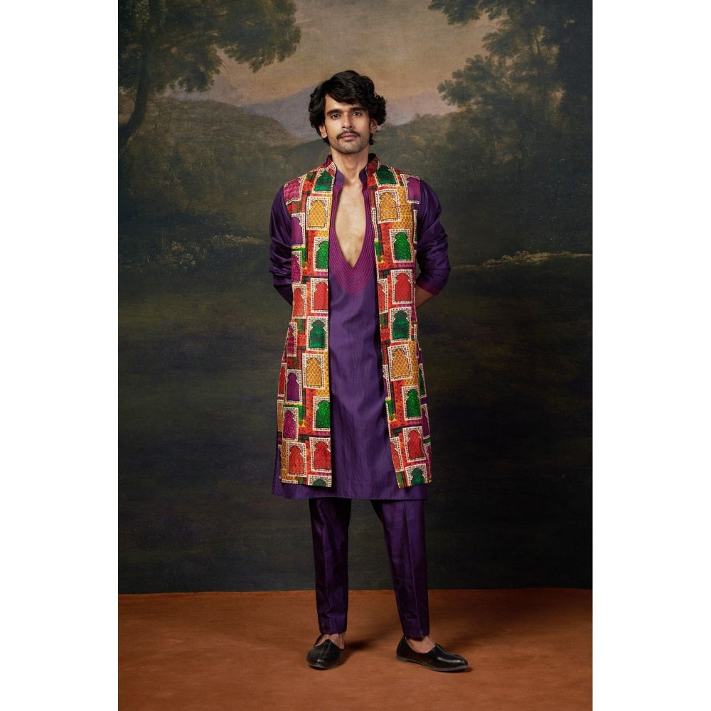 THETAA Men Purple Hand-Embroidered Kurta with Pyjama and Jacket