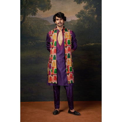 THETAA Men Purple Hand-Embroidered Kurta with Pyjama and Jacket