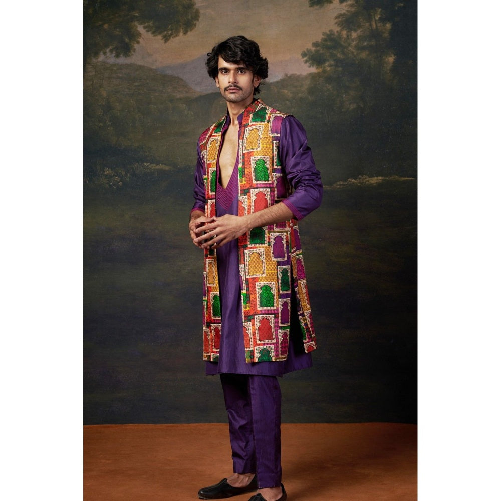 THETAA Men Purple Hand-Embroidered Kurta with Pyjama and Jacket