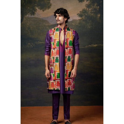THETAA Men Purple Hand-Embroidered Kurta with Pyjama and Jacket