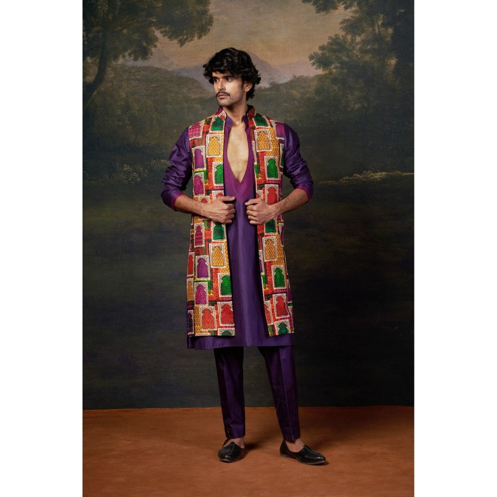 THETAA Men Purple Hand-Embroidered Kurta with Pyjama and Jacket