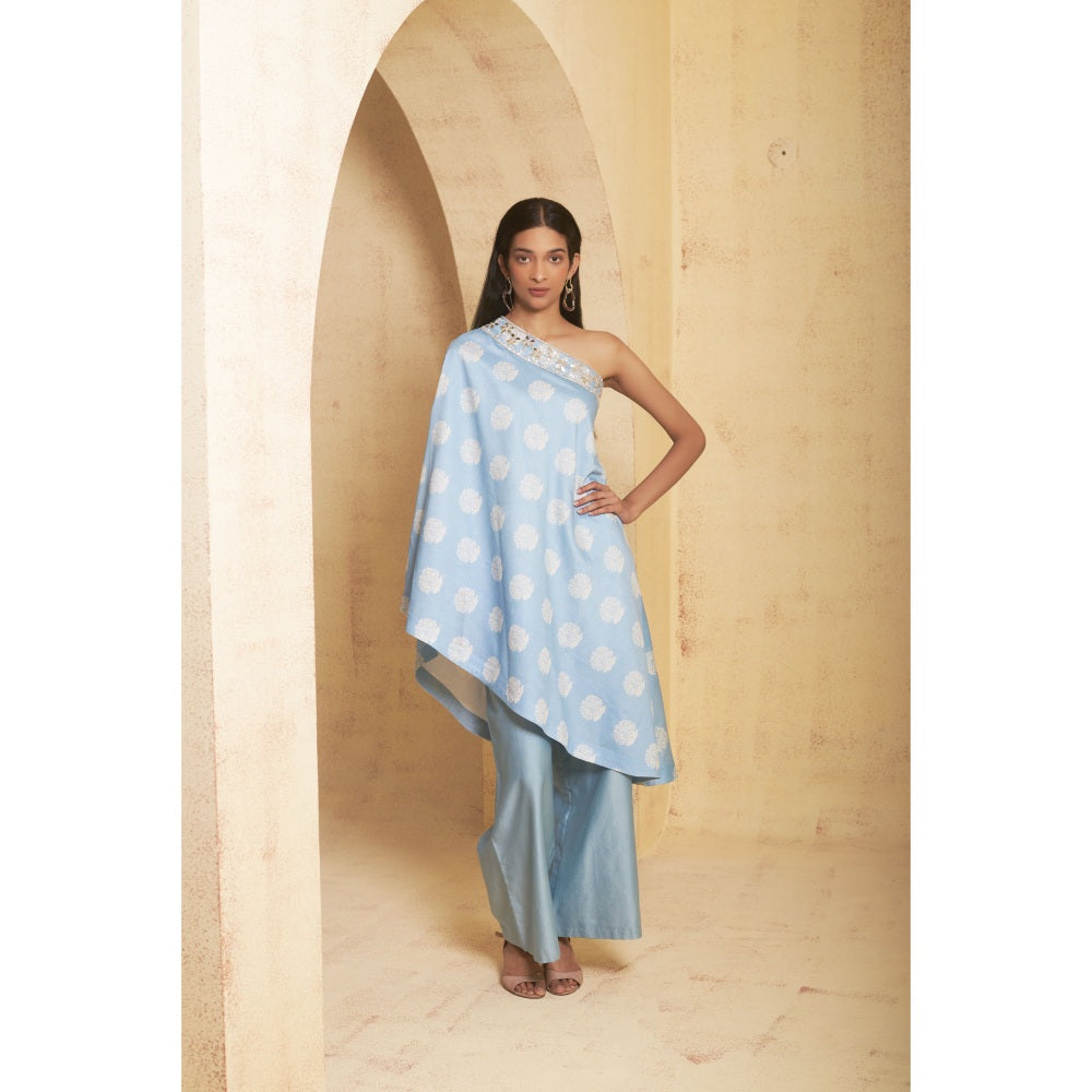 THETAA Womens Blue Mirror Work Off Shoulder Kurti and Palazzo