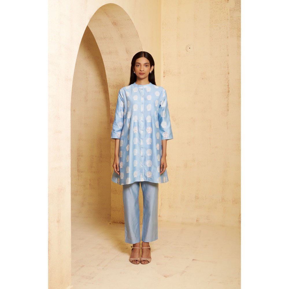 THETAA Womens Blue Pleated Embellished Co-Ord Set