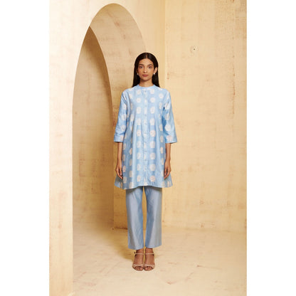 THETAA Womens Blue Pleated Embellished Co-Ord Set