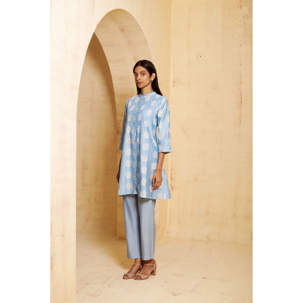 THETAA Womens Blue Pleated Embellished Co-Ord Set