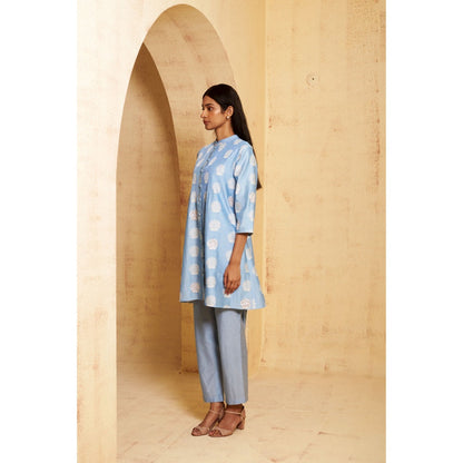 THETAA Womens Blue Pleated Embellished Co-Ord Set