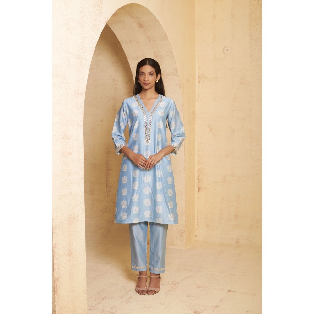 THETAA Womens Blue Floral Print Gota Work Co-Ord Set