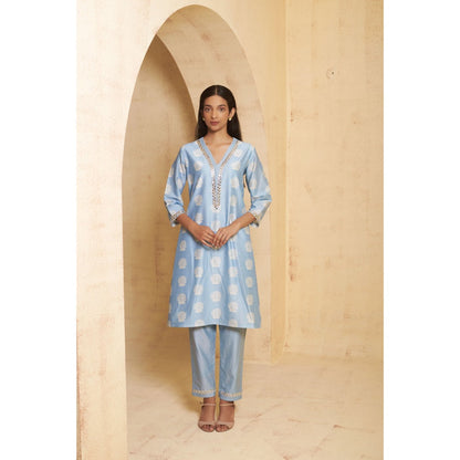 THETAA Womens Blue Floral Print Gota Work Co-Ord Set