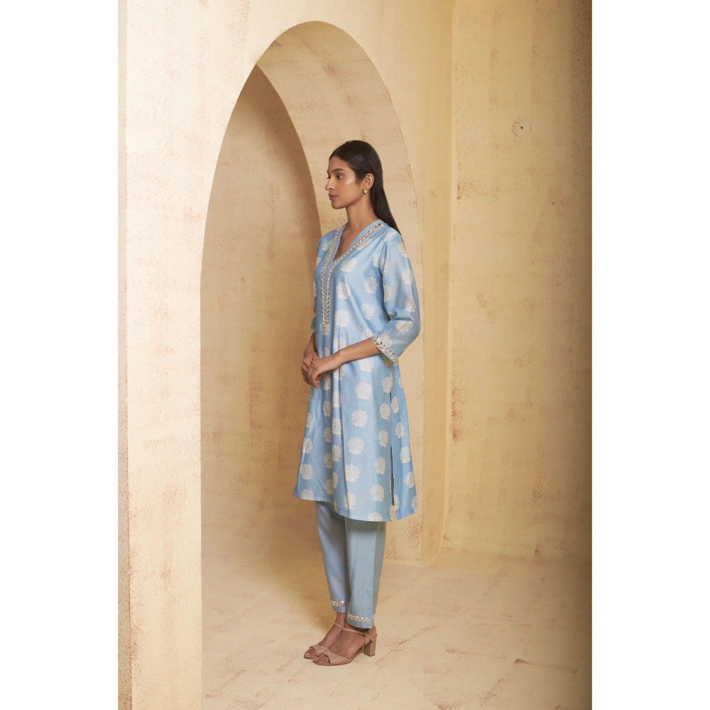 THETAA Womens Blue Floral Print Gota Work Co-Ord Set