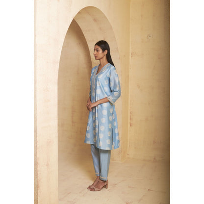 THETAA Womens Blue Floral Print Gota Work Co-Ord Set