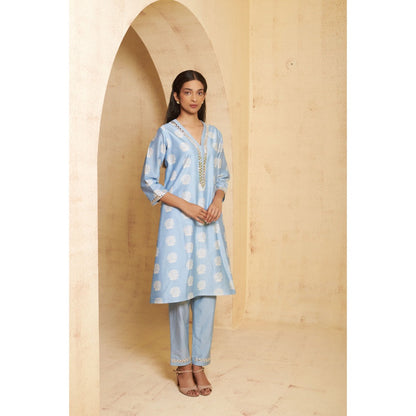 THETAA Womens Blue Floral Print Gota Work Co-Ord Set