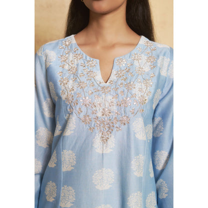 THETAA Womens Blue Floral Print Gota Work Kurta and Dhoti