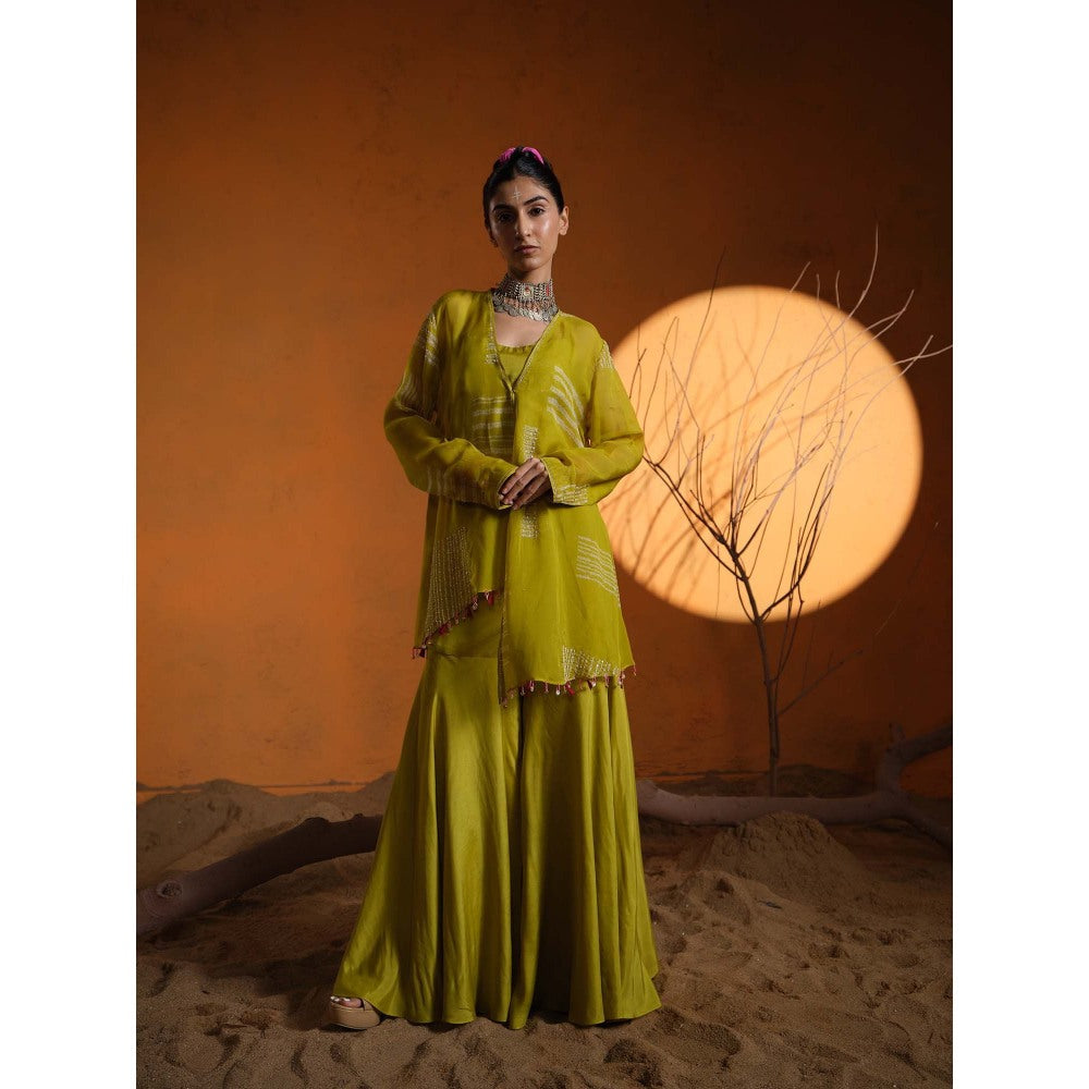 The Clothing Therapy Yellow Lime Green Bustier with Jacket and Sharara (Set of 3)