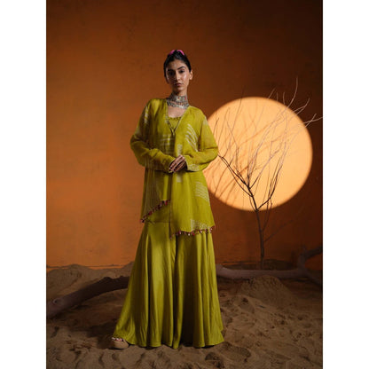 The Clothing Therapy Yellow Lime Green Bustier with Jacket and Sharara (Set of 3)