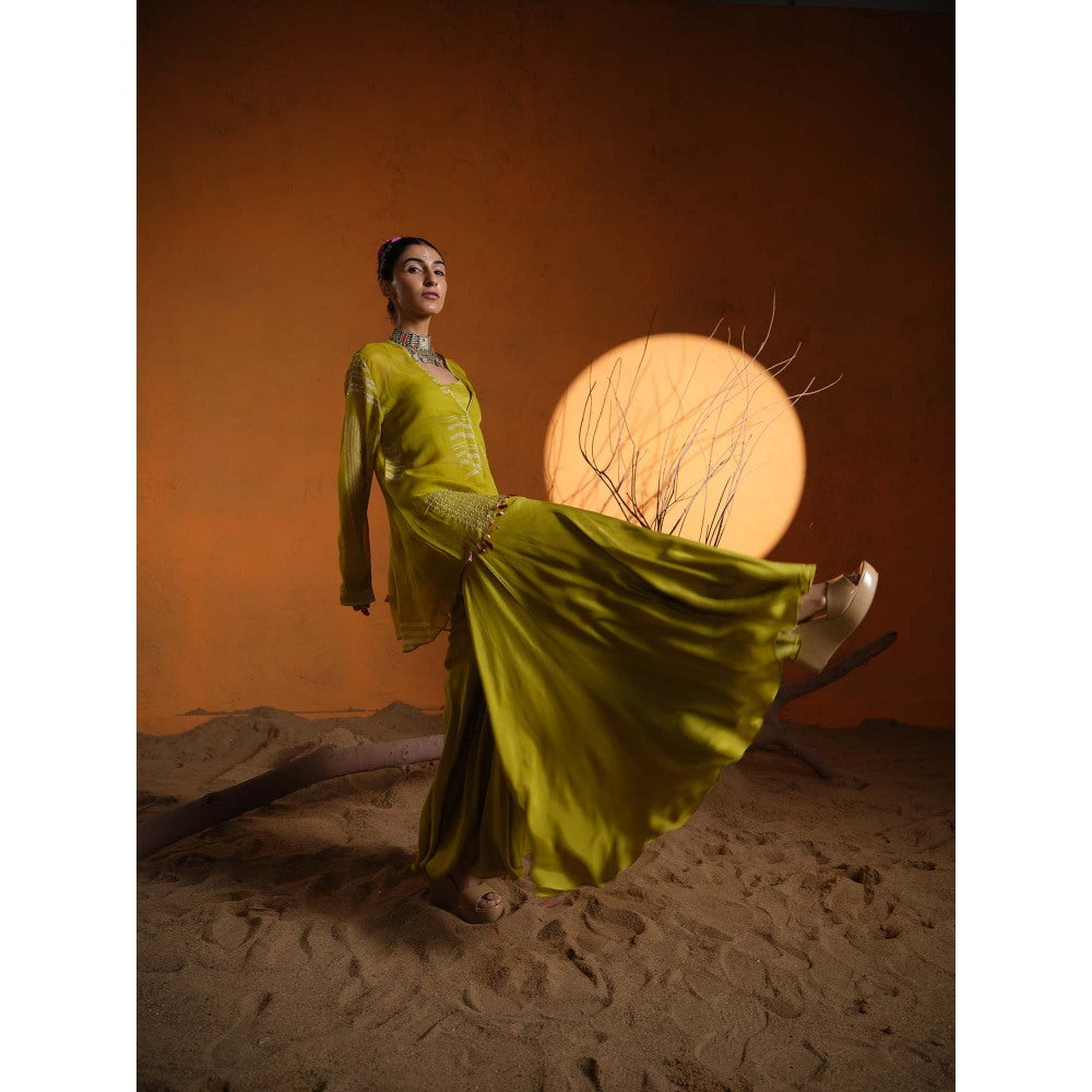 The Clothing Therapy Yellow Lime Green Bustier with Jacket and Sharara (Set of 3)