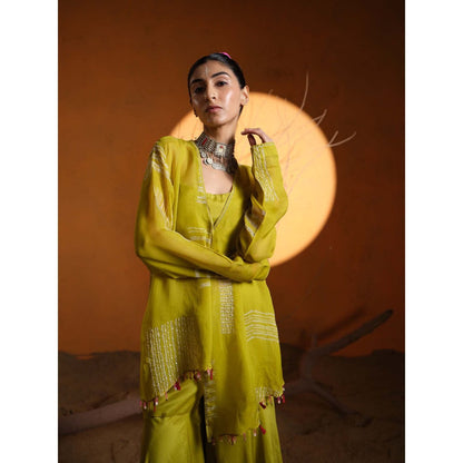 The Clothing Therapy Yellow Lime Green Bustier with Jacket and Sharara (Set of 3)