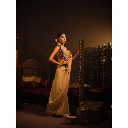 The Clothing Therapy Blush Gold Drape Saree with Stitched Blouse