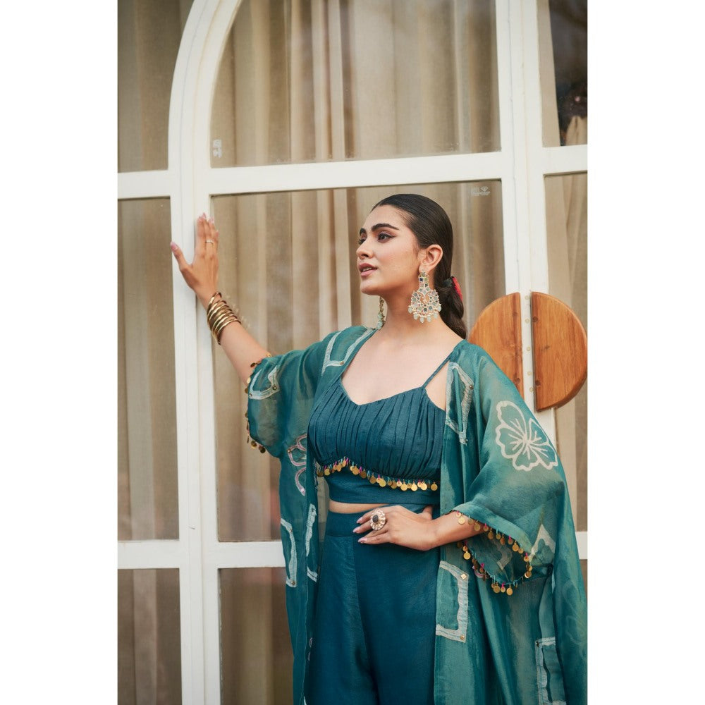 The Clothing Therapy Sea Blue Pleated Bustier with Palazzo and Jacket
