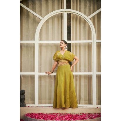 The Clothing Therapy Lime Green Overlap Top with Bustier and Lehenga