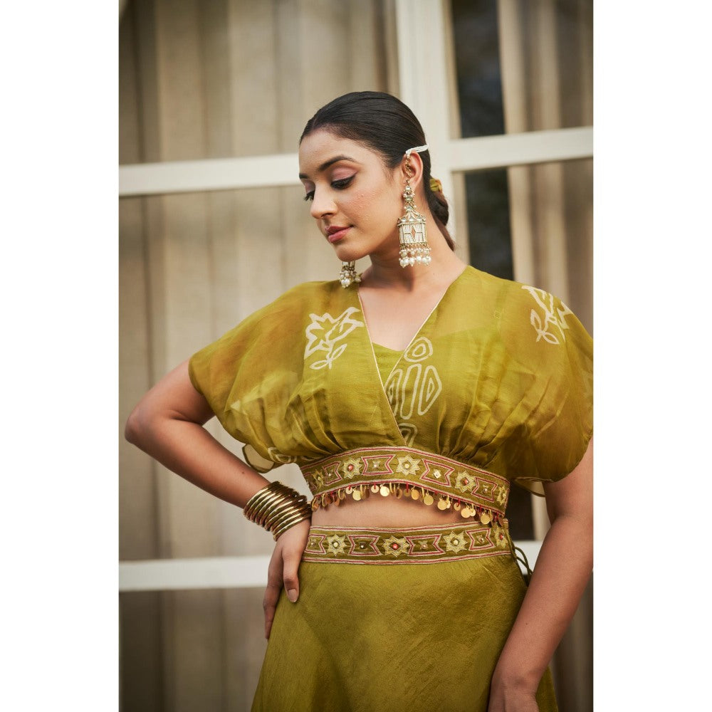 The Clothing Therapy Lime Green Overlap Top with Bustier and Lehenga