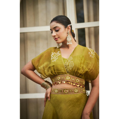 The Clothing Therapy Lime Green Overlap Top with Bustier and Lehenga