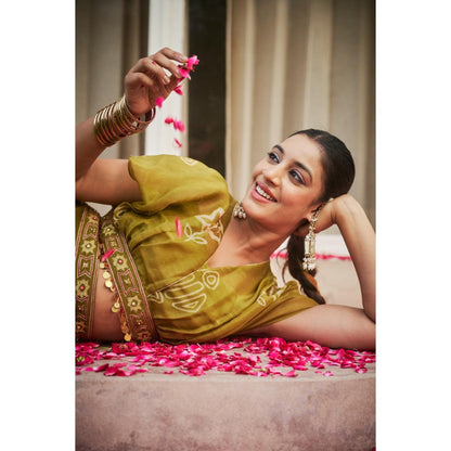 The Clothing Therapy Lime Green Overlap Top with Bustier and Lehenga