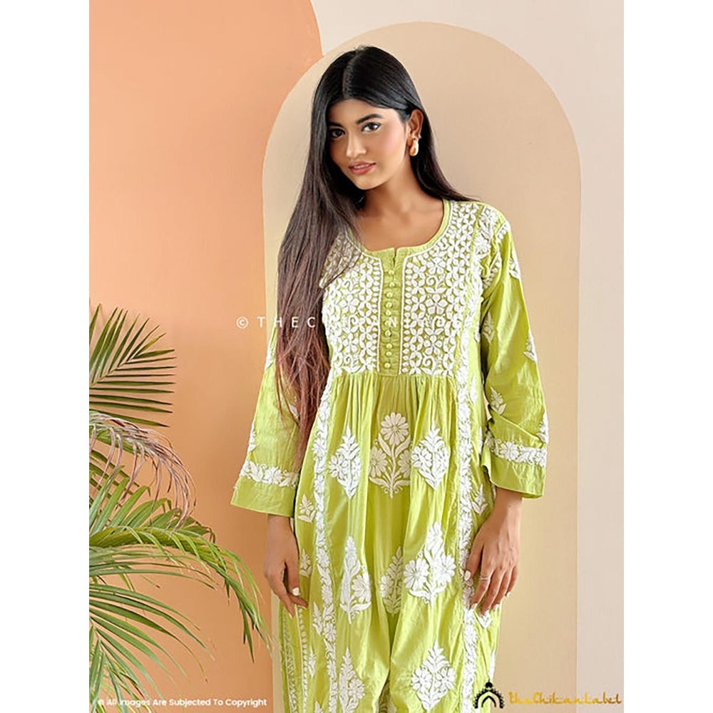 The Chikan Label Amulya Cotton Chikankari Nyra Cut Straight Kurti - Pista Green