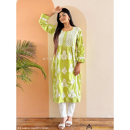 The Chikan Label Amulya Cotton Chikankari Nyra Cut Straight Kurti - Pista Green
