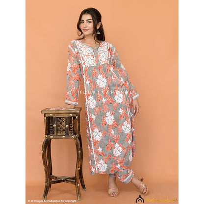 The Chikan Label Nyra Modal Chikankari Kurta Set - Orange