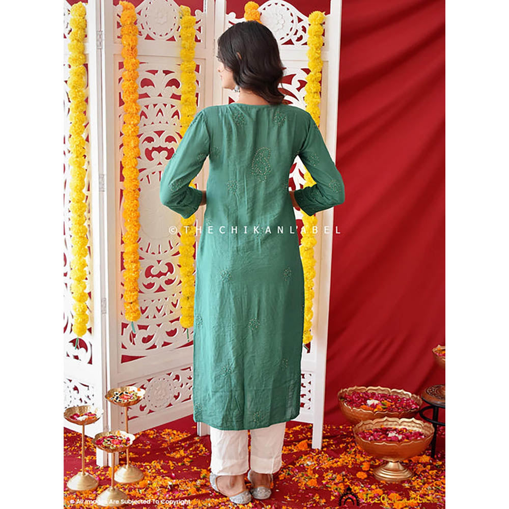 The Chikan Label Green Rooh Chanderi Chikankari A-Line Kurti