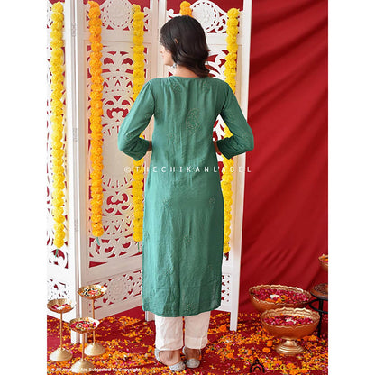 The Chikan Label Green Rooh Chanderi Chikankari A-Line Kurti