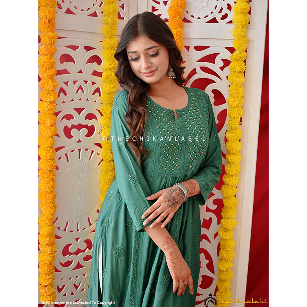 The Chikan Label Green Rooh Chanderi Chikankari A-Line Kurti